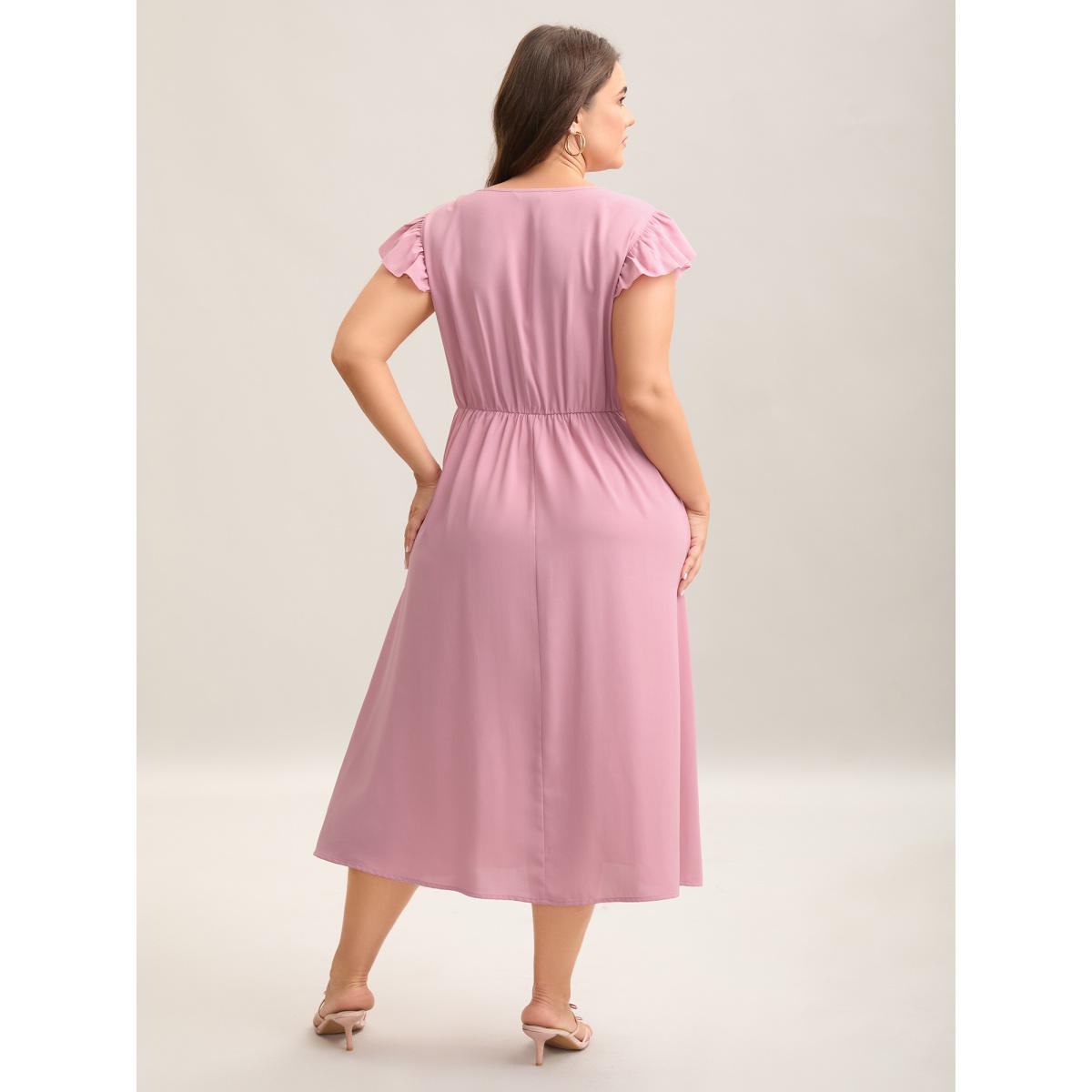 Plus Size Tie-Up Panels Solid Pockets Midi Dress Crepe Women V-neck Cap Sleeve Curvy BloomChic 28/5X Product Image