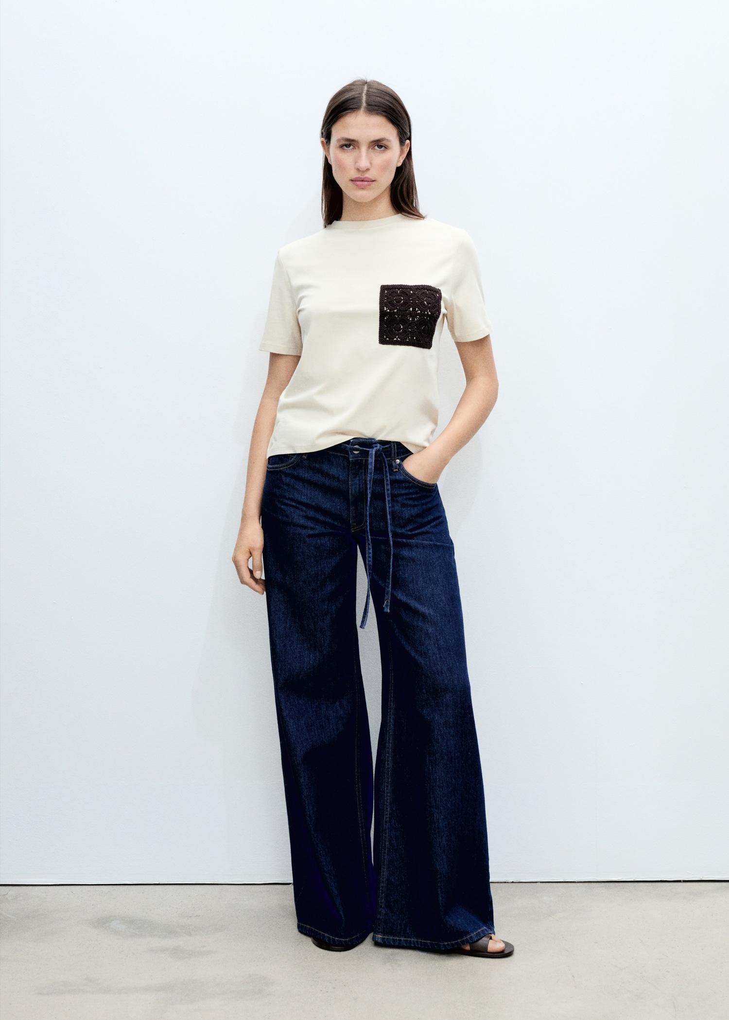 Short-sleeved t-shirt with crochet pocket - Women | MANGO USA Product Image