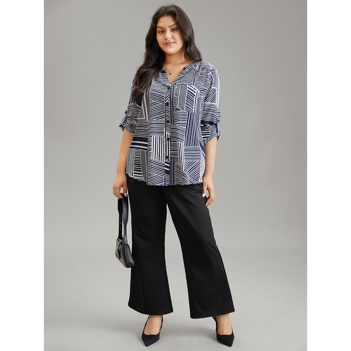 Plus Size Indigo Asymmetrical Striped Notched Tab Sleeve Blouse Women Office Long Sleeve Shirt collar Work Blouses BloomChic 18-20/2X Product Image