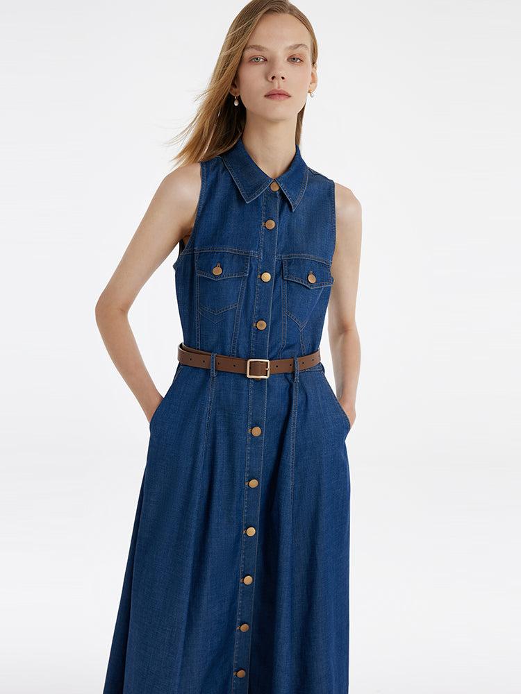 Denim Lapel Women Midi Vest Dress With Belt Product Image