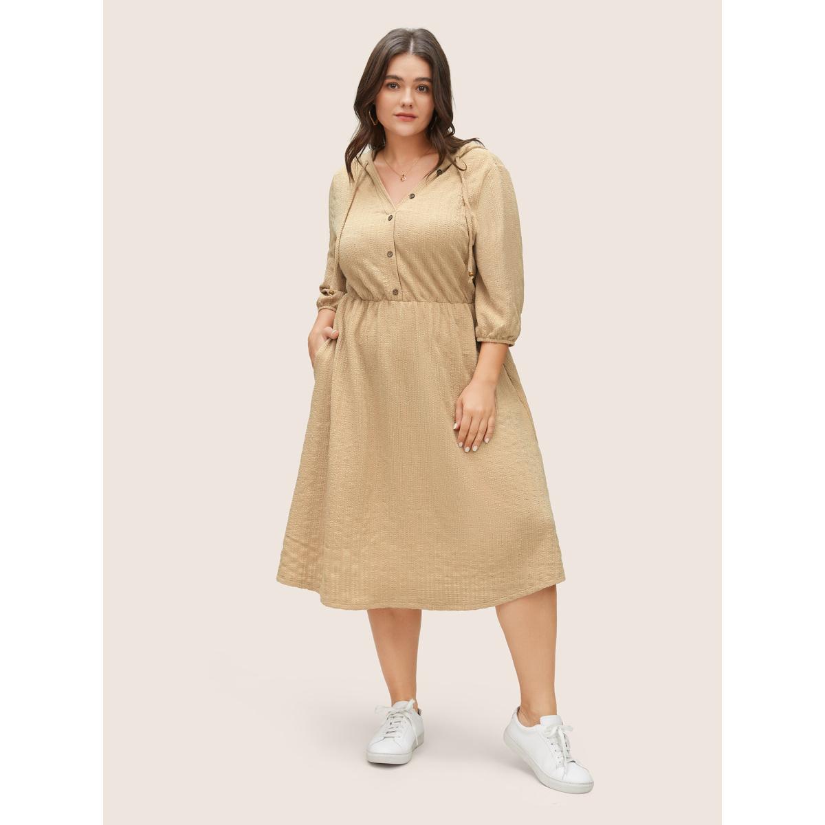 Plus Size Plisse Hooded Pocket Button Detail Ties Dress Tan Women Casual Non Hooded Elbow-length sleeve Curvy Midi Dress BloomChic 12/L Product Image
