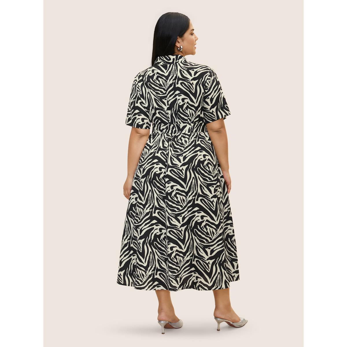 Plus Size Zebra Print Shirt Collar Belted Dress Black Women At the Office Belted Shirt collar Half Sleeve Curvy BloomChic 30/6X Product Image