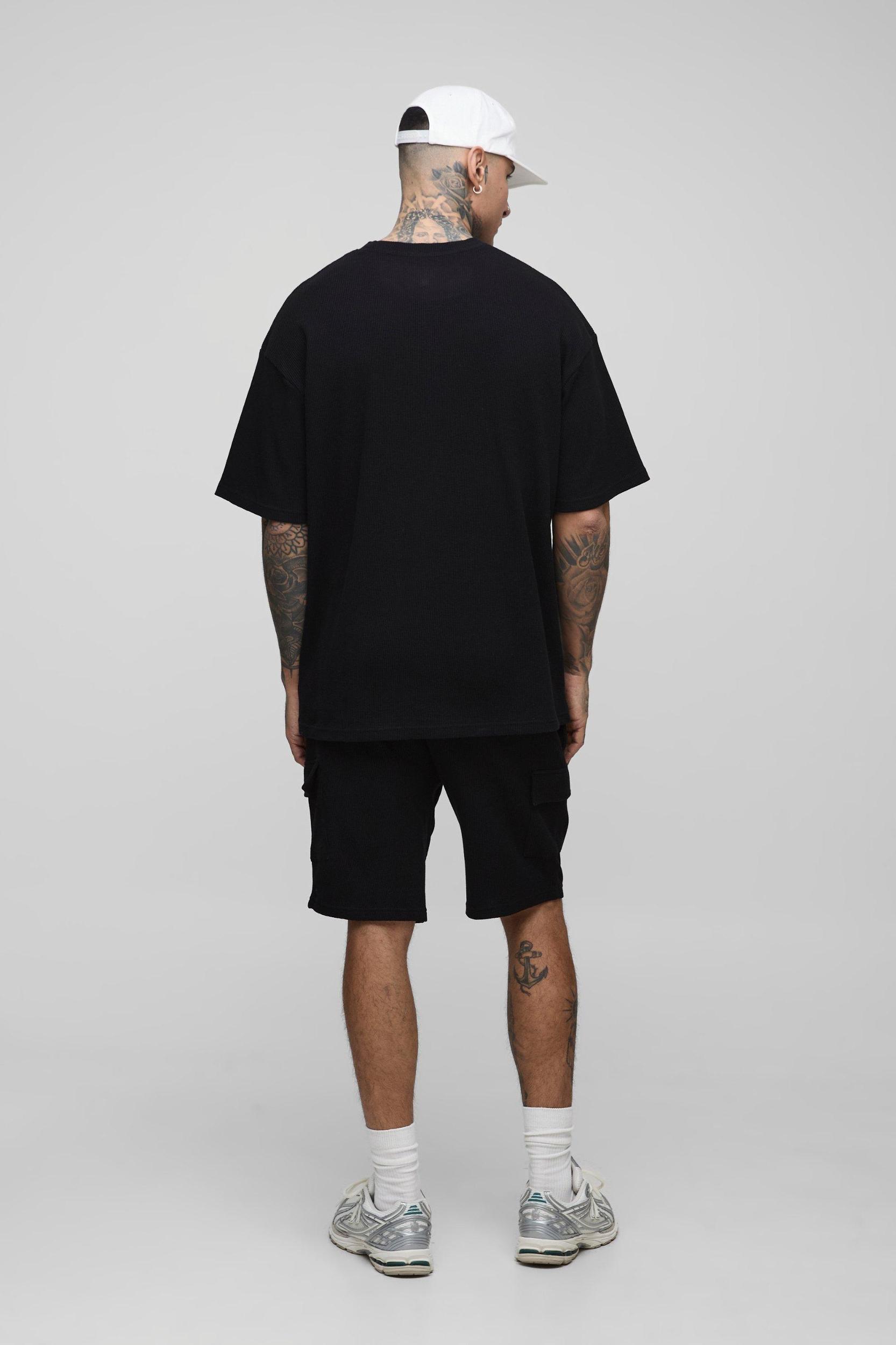 Tall Oversized Waffle T-Shirt & Cargo Short Set | boohooMAN USA Product Image
