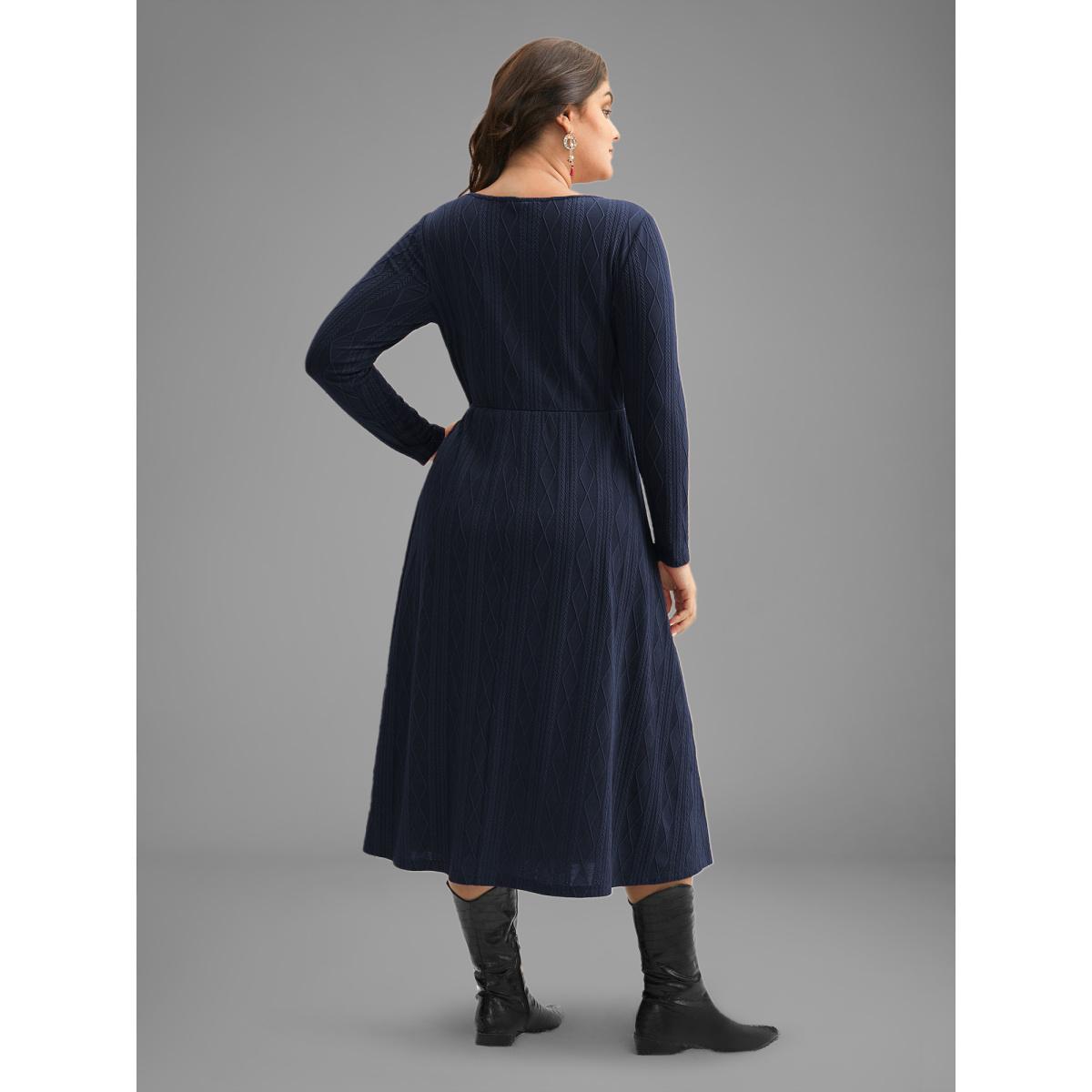 Plus Size Textured Knit Fit-And-Flare Midi Dress Midnight Women Leisure Texture Round Neck Long Sleeve Curvy BloomChic 12/L Product Image