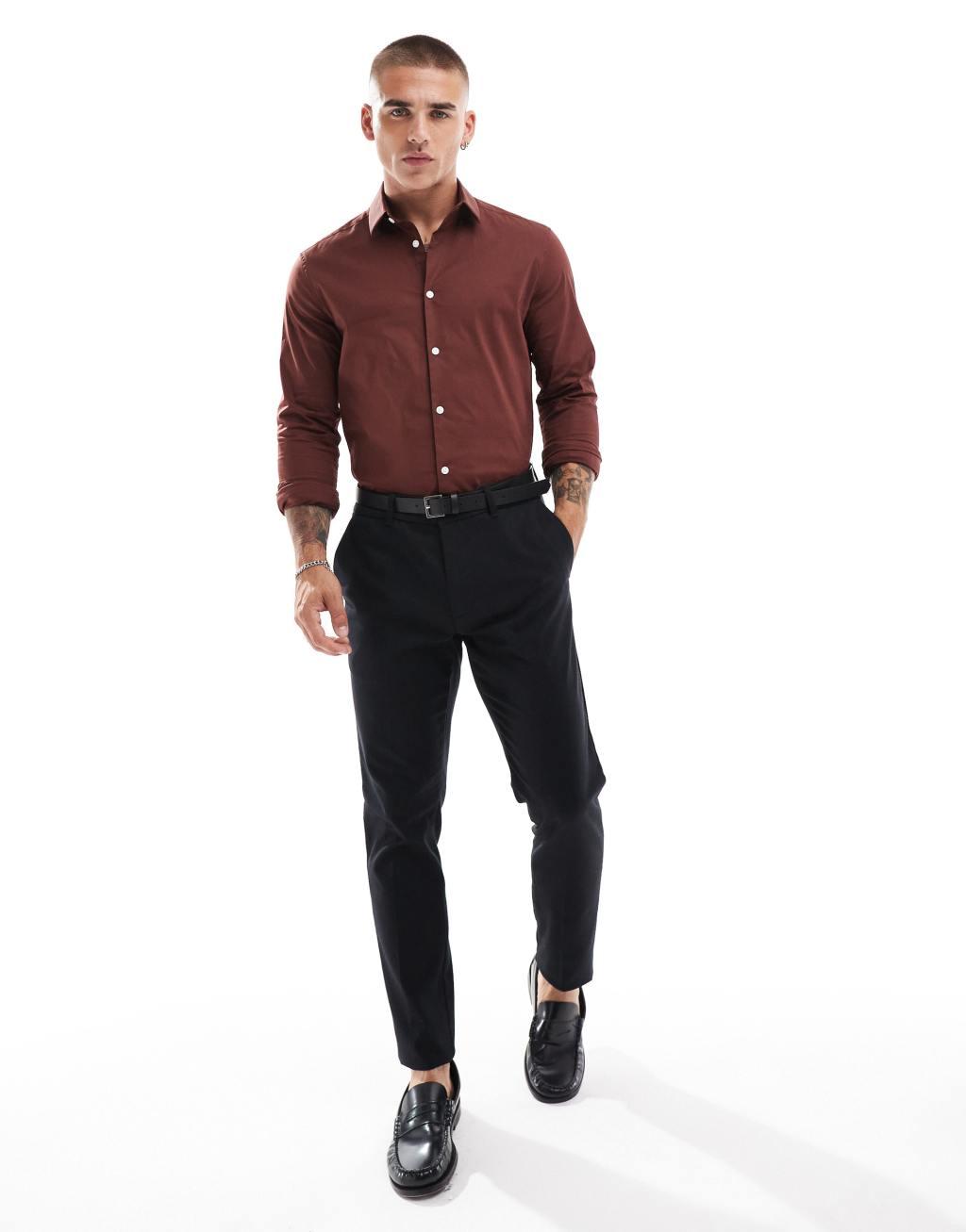 ASOS DESIGN slim poplin shirt in burgundy Product Image