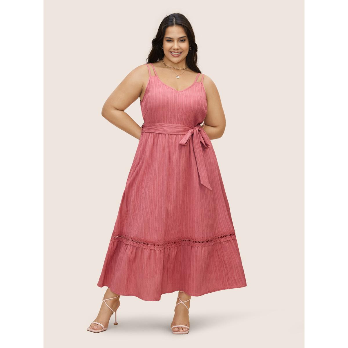Plus Size Plain Texture Woven Ribbon Belted Dress Watermelon Women Elegant Woven ribbon&lace trim V-neck Sleeveless Curvy BloomChic 14-16/1X Product Image
