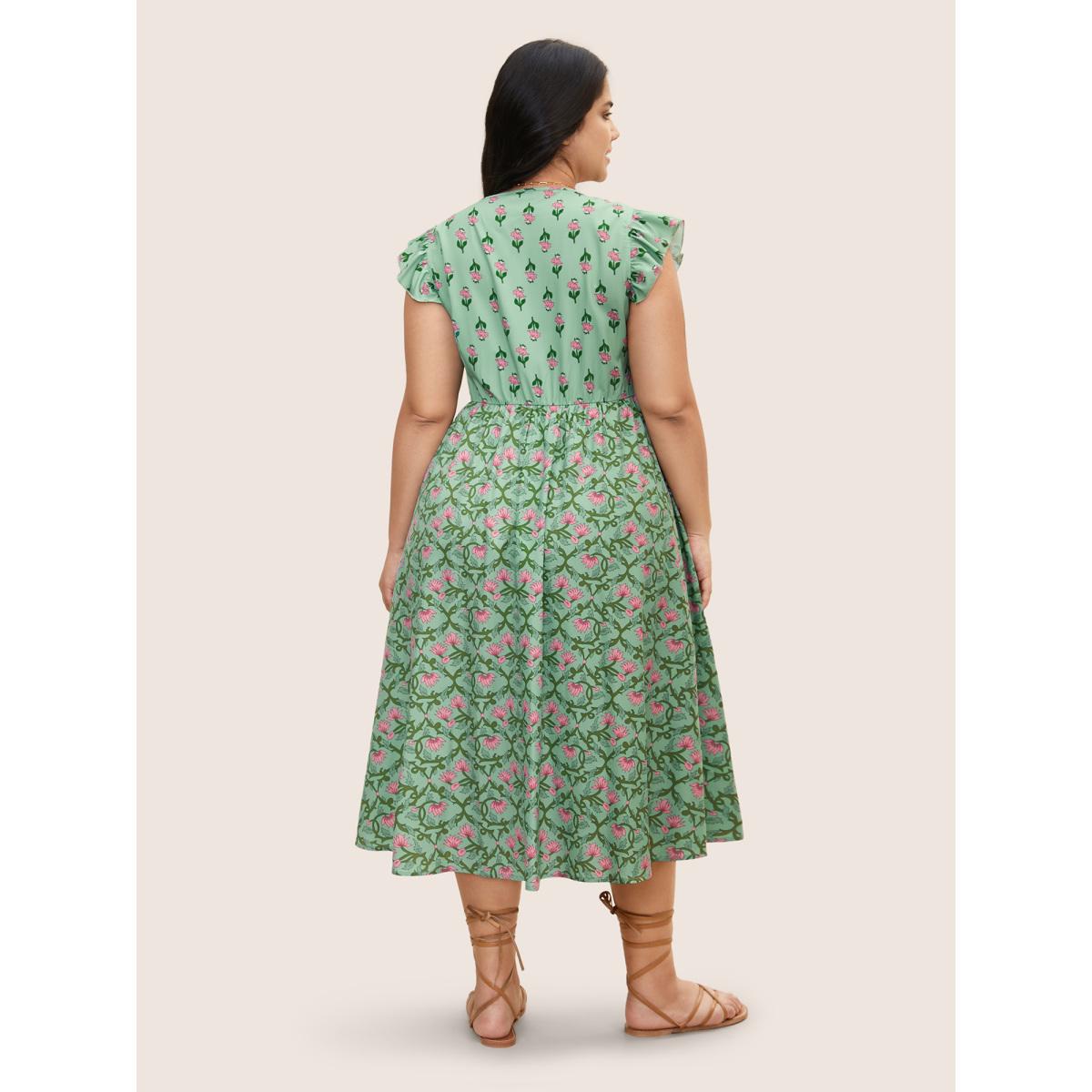 Plus Size Boho Print Shirred Ruffle Cap sleeve Dress Palemauve Women Resort Shirred V-neck Cap Sleeve Curvy BloomChic 22-24/3X Product Image