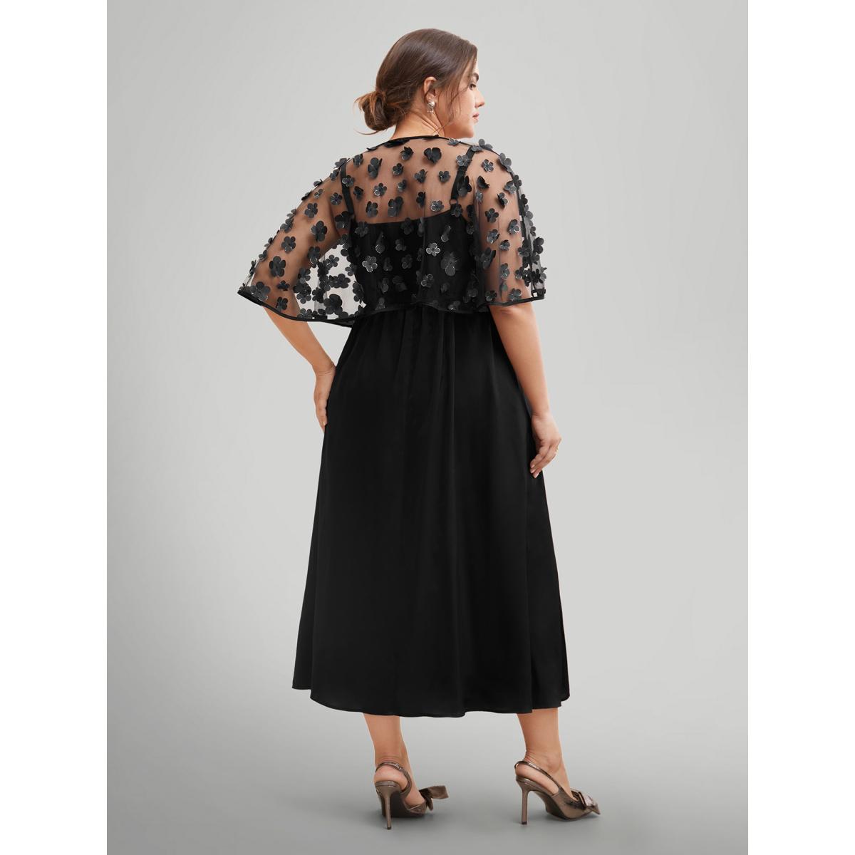 Plus Size Two-Piece Appliques Mesh Shawl Split Hem Dress Black Women Cocktail Texture Round Neck Short sleeve Curvy BloomChic 30/6X Product Image