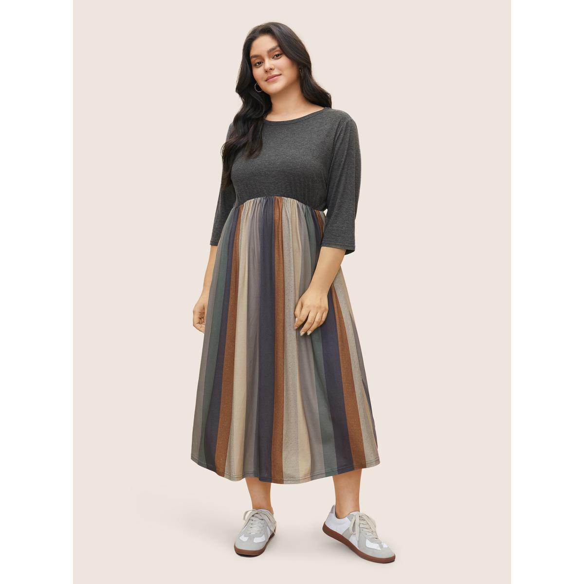 Plus Size Solid Patchwork Pocket Striped Flutter Hem Dress DimGray Women Leisure Non Round Neck Elbow-length sleeve Curvy Midi Dress BloomChic 10/M Product Image