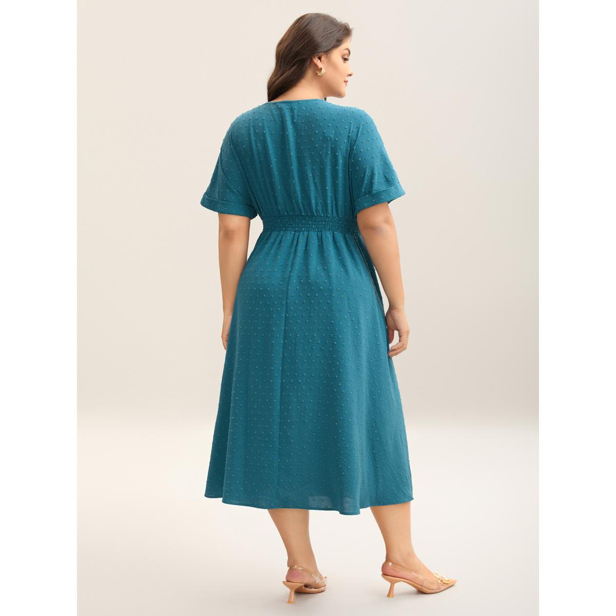Plus Size Textured Stretchy Pleated Waist Midi Dress Aegean Women Overlap Collar Short sleeve Curvy BloomChic 30/6X Product Image