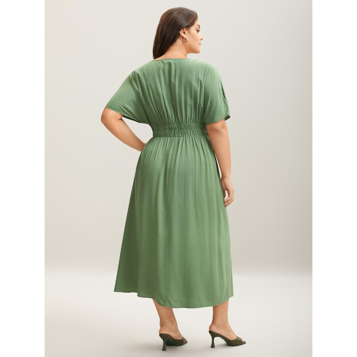 Plus Size Pleated Solid Color Slit Maxi Dress Sage Women Elegant Gathered V-neck Short sleeve Curvy BloomChic 14-16/1X Product Image