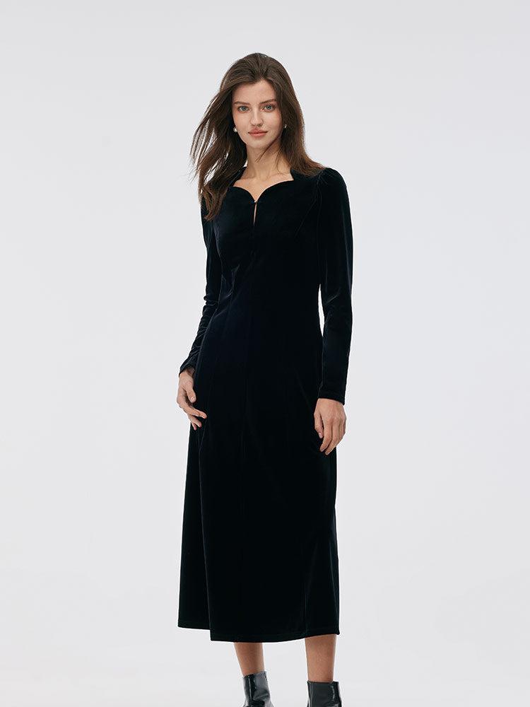 Velvet Scallop Neckline Women Midi Dress Product Image