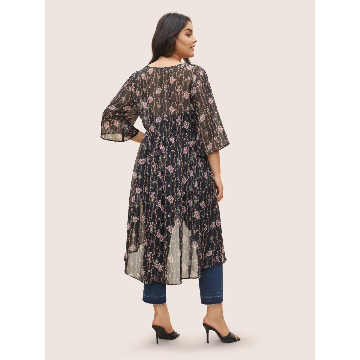 Plus Size Floral Mesh Bell Sleeve Curved Hem Kimono Women Black Elegant Asymmetrical Everyday Kimonos BloomChic 14-16/1X Product Image