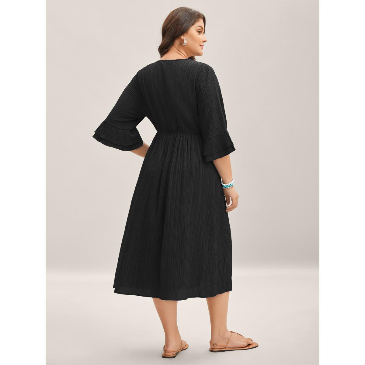 Plus Size Scalloped Lace Surplice Ruffled Midi Dress Black Women Boho Overlap Collar Elbow-length sleeve Curvy BloomChic 14-16/1X Product Image