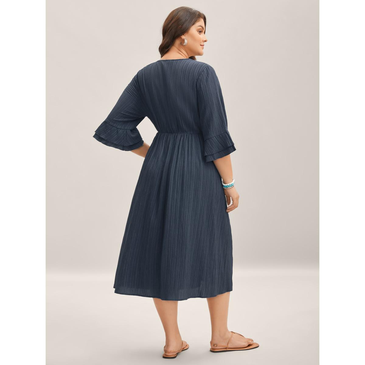 Plus Size Scalloped Lace Surplice Ruffled Midi Dress DarkBlue Women Boho Overlap Collar Elbow-length sleeve Curvy BloomChic 18-20/2X Product Image