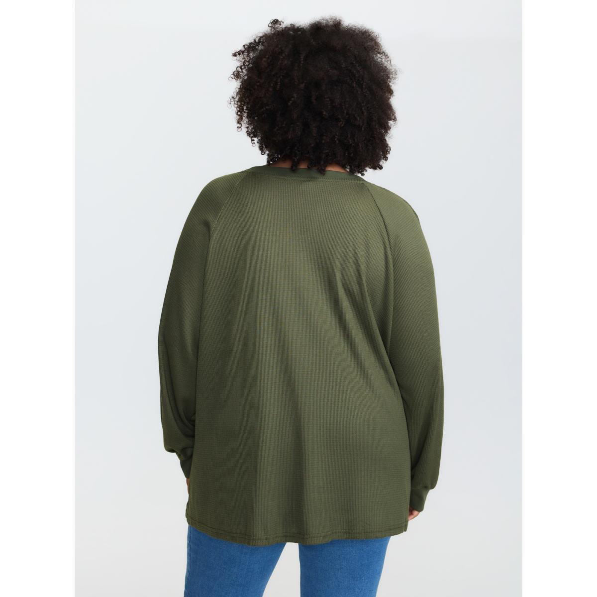 Plus Size Waffle Grid Notched Collar Lace Sweatshirt Women ArmyGreen Leisure Woven ribbon&lace trim Flat collar with V-notch Casual Sweatshirts BloomChic 14-16/1X Product Image