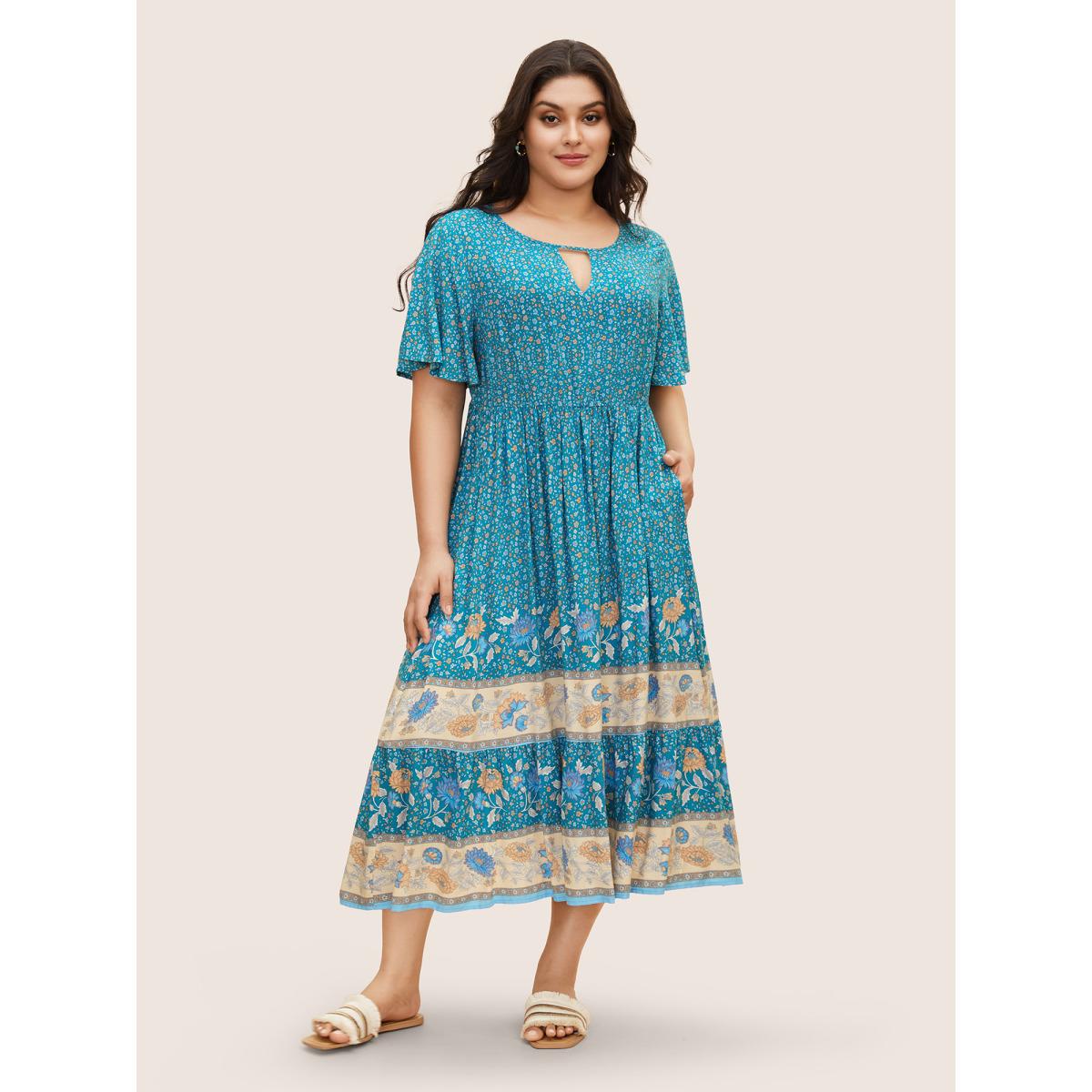 Plus Size Bandana Keyhole Ruffle Sleeve Midi Dress Mediumblue Women Resort Gathered Notched collar Short sleeve Curvy BloomChic 12/L Product Image