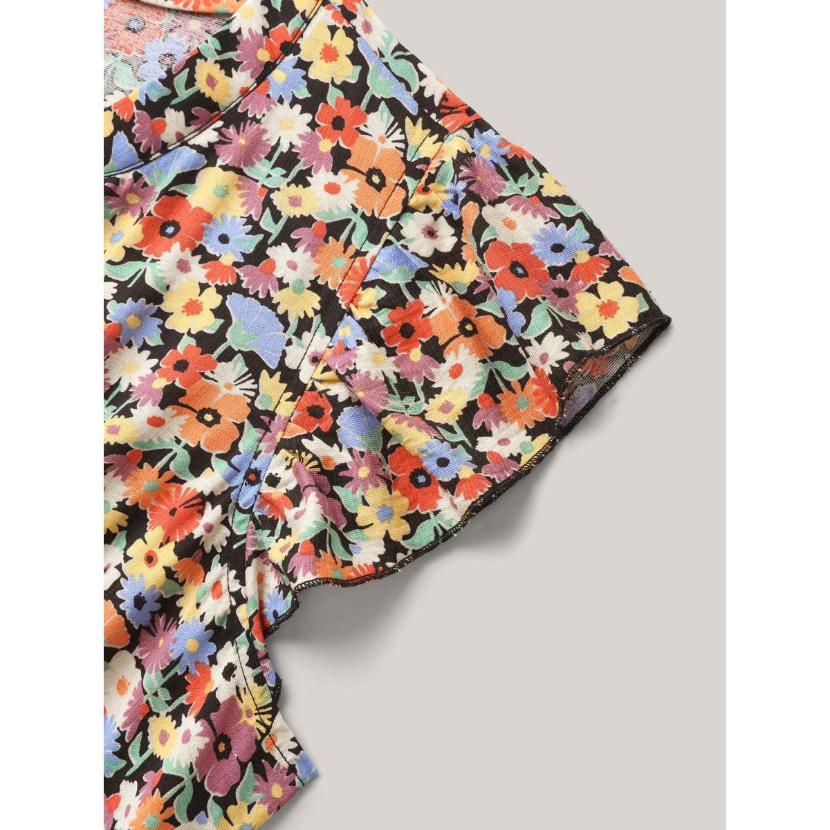 Plus Size Rayon Colorful Floral Print Tiered Pockets Midi Dress Multicolor Women Leisure Notched collar Cap Sleeve Curvy BloomChic 26/4X Product Image