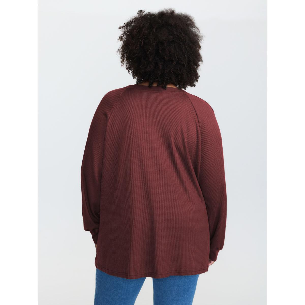 Plus Size Waffle Grid Notched Collar Lace Sweatshirt Women Deepred Leisure Woven ribbon&lace trim Flat collar with V-notch Casual Sweatshirts BloomChic 12/L Product Image