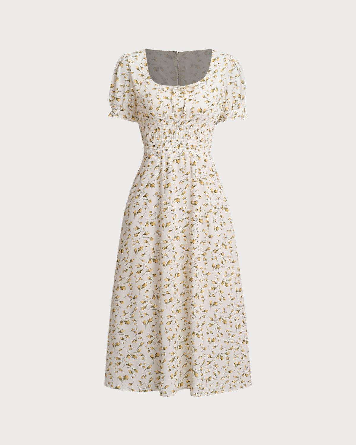 Yellow Floral Square Neck Shirred Midi Dress Product Image