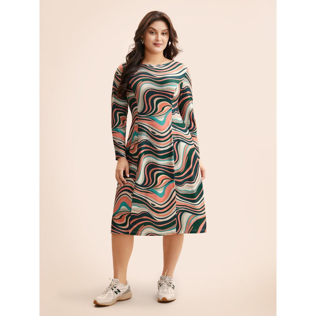 Plus Size Water Ripple Boat Neck Midi Dress Multicolor Women Casual Contrast Boat Neck Long Sleeve Curvy BloomChic 18-20/2X Product Image