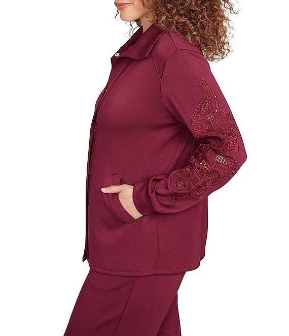 Ruby Rd. Solid Scuba Open Floral Cut-Out Embroidered Long Sleeve Snap-Front Jacket Product Image