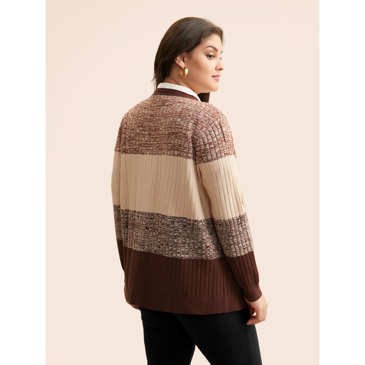 Plus Size Supersoft Essentials Textured Colorblock Contrast Cardigan Yellowishbrown Women Casual Loose Long Sleeve Everyday Cardigans BloomChic 12/L Product Image