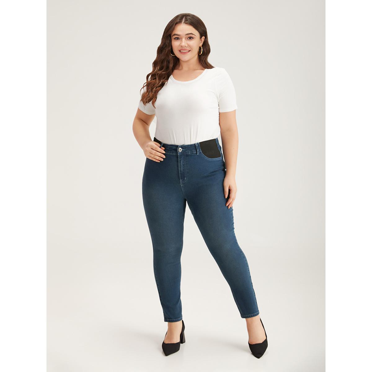 Plus Size Contrast Pocket Elastic Waist Very Stretchy Jeans Women Indigo Casual Plain Elastic Waist High stretch Pocket Jeans BloomChic 22/3X Product Image