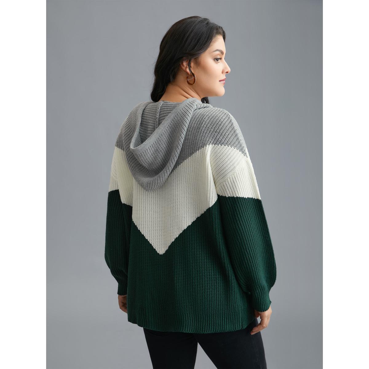 Plus Size Hooded Color Contrast Drop Shoulder Pullover DarkGreen Women Casual Loose Long Sleeve Hooded Everyday Pullovers BloomChic 30/6X Product Image