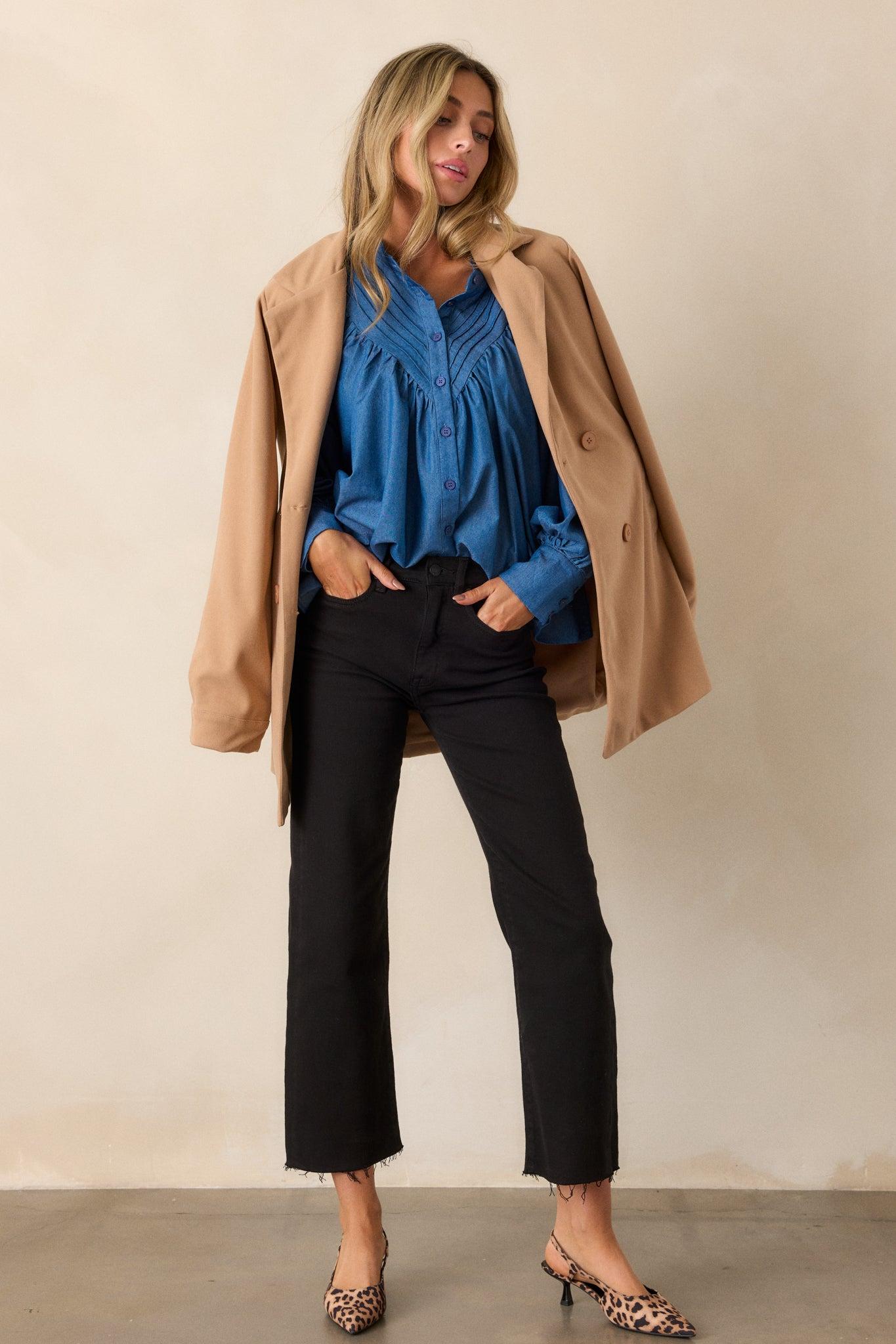 See What Happens Medium Wash Chambray Blouse Product Image