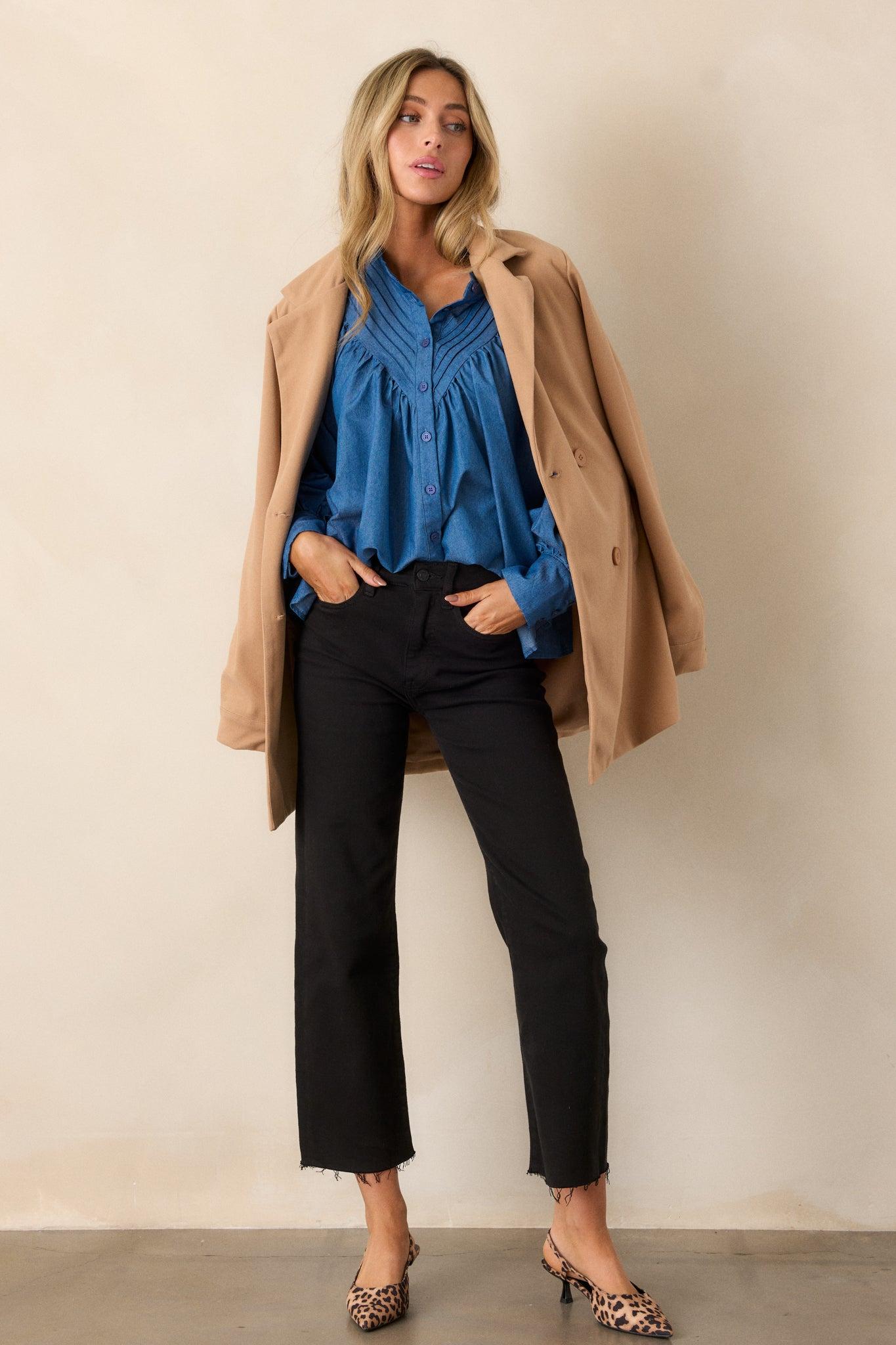 See What Happens Medium Wash Chambray Blouse Product Image