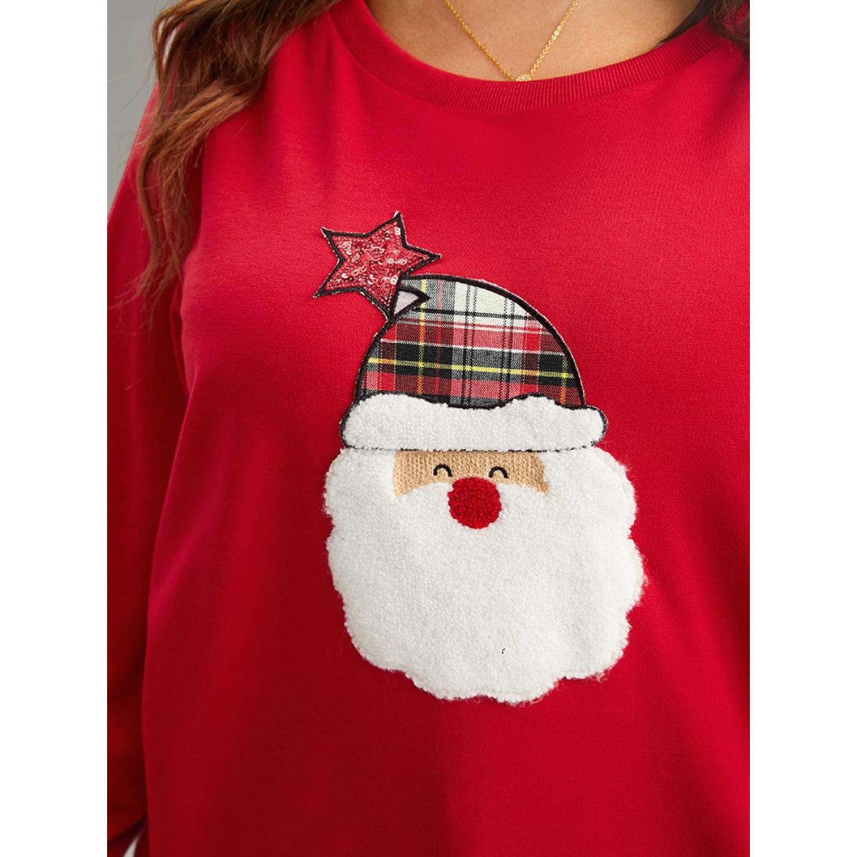 Plus Size Santa Claus Graphic Split Detail Sweatshirt Women Red Casual Rib Knit Festival-Christmas Sweatshirts BloomChic 12/L Product Image