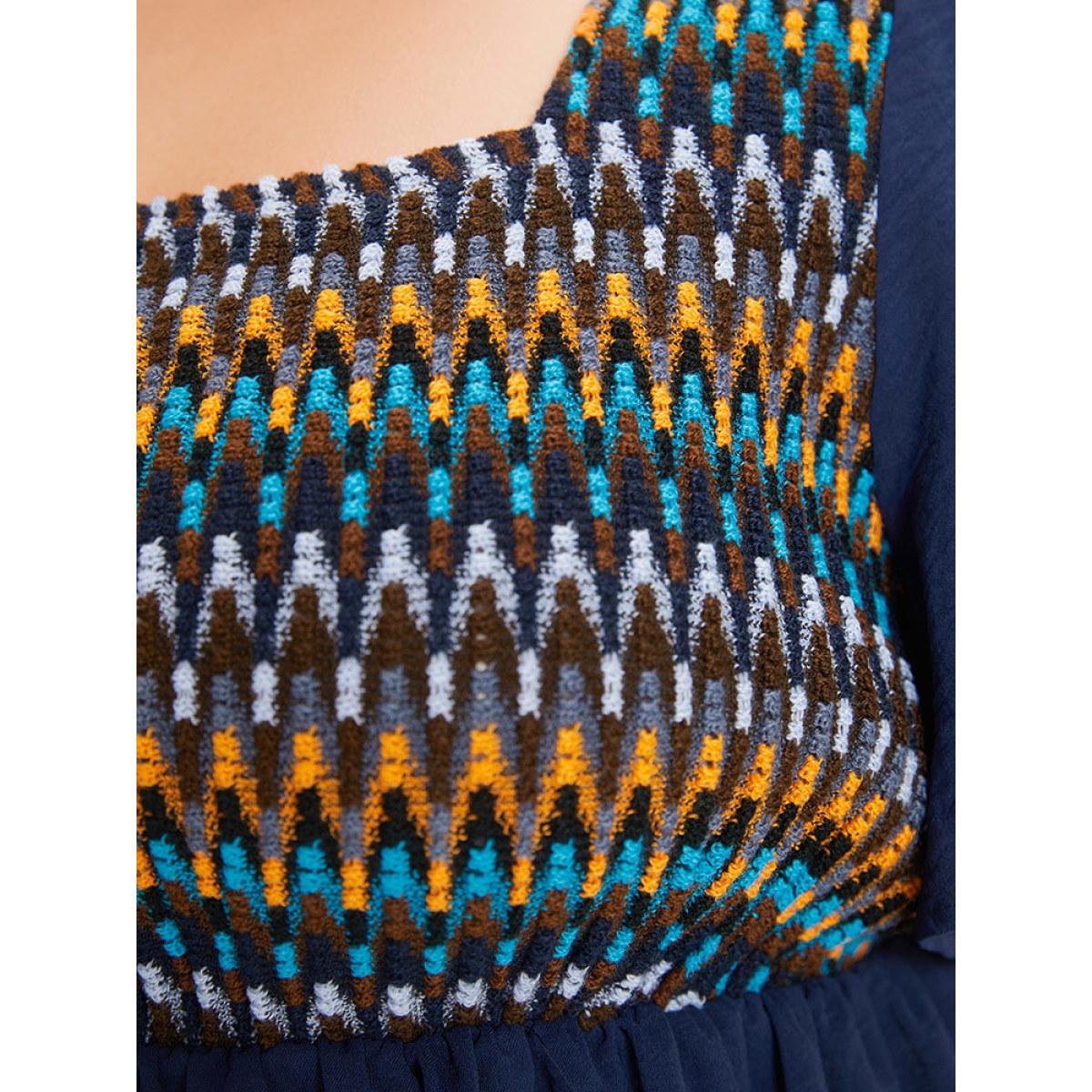 Plus Size Indigo Knit Patchwork Gathered Flutter Sleeve Blouse Women Elegant Short sleeve Square Neck Dailywear Blouses BloomChic 12/L Product Image