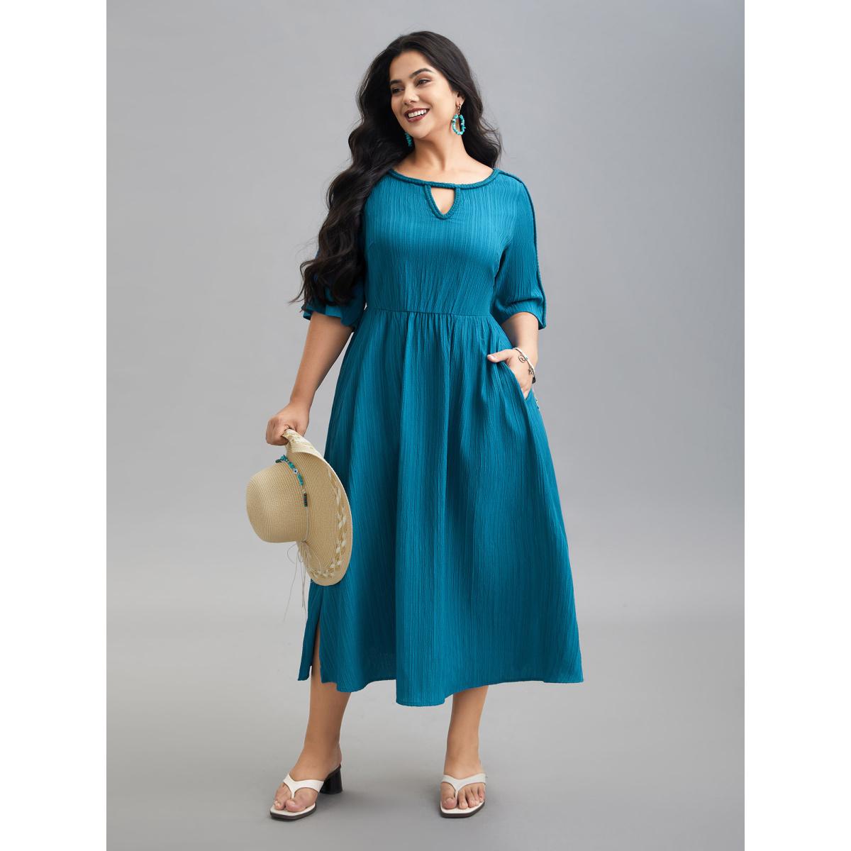 Plus Size Neck Cut-Out Textured Midi Dress Aegean Women Resort Woven ribbon&lace trim Round Neck Half Sleeve Curvy BloomChic 14-16/1X Product Image