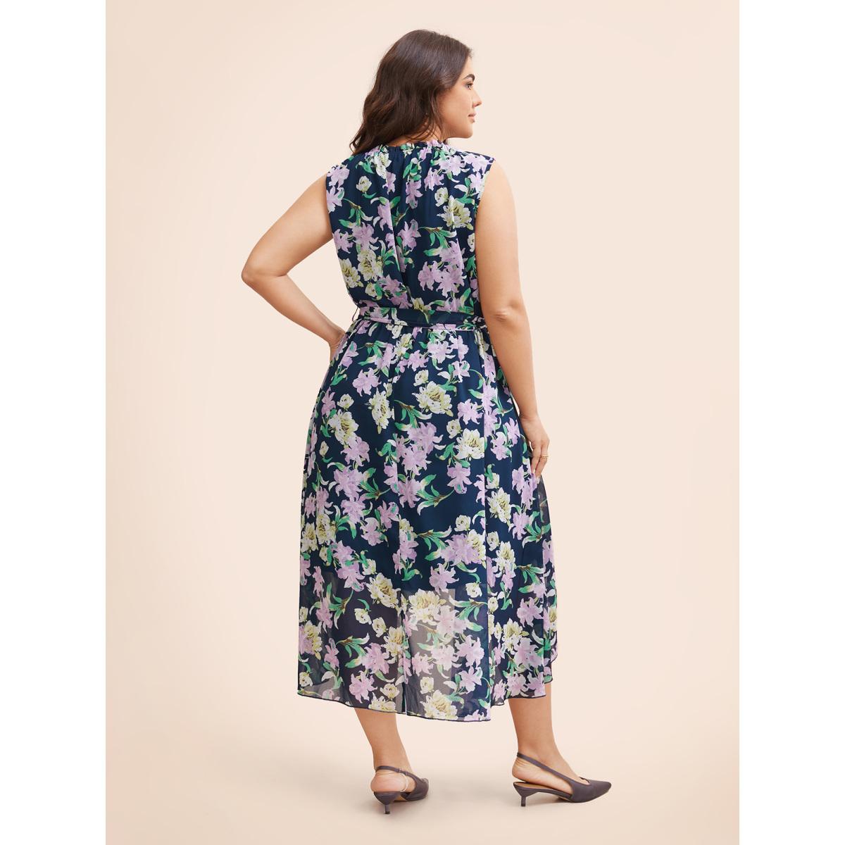 Plus Size Floral Mock Neck Asymmetrical Hem Dress DarkBlue Women Elegant Belted Mock Neck Sleeveless Curvy BloomChic 30/6X Product Image