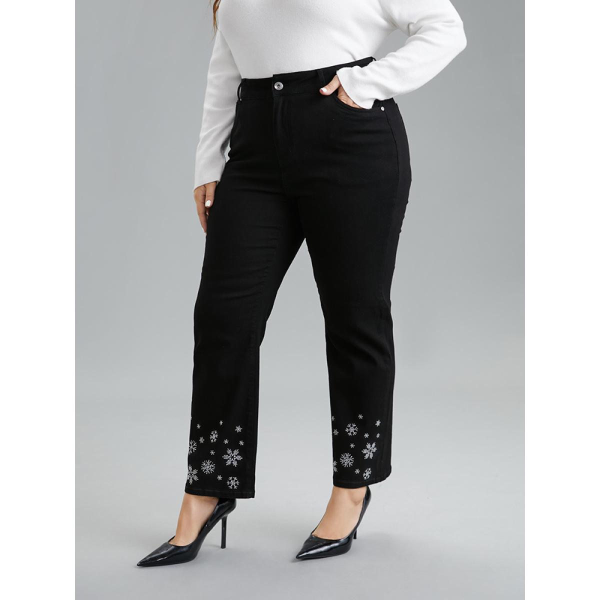 Plus Size Snowflake Rhinestone Very Stretchy Jeans Women Black Casual Graphic-Christmas Rhinestone detailing High stretch Pocket Jeans BloomChic 22/3X Product Image