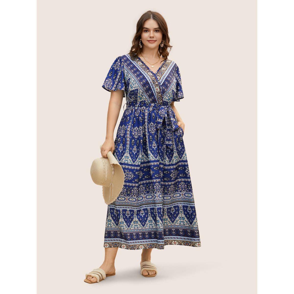 Plus Size Bandana Print Wrap Gathered Maxi Dress Navy Women Resort Belted V-neck Short sleeve Curvy BloomChic 26/4X Product Image