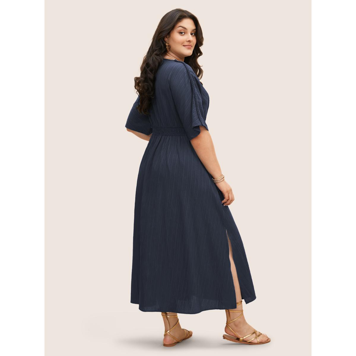 Plus Size V Neck Shirred Contrast Webbing Split Side Dress DarkBlue Women Boho Texture V-neck Half Sleeve Curvy BloomChic 10/M Product Image