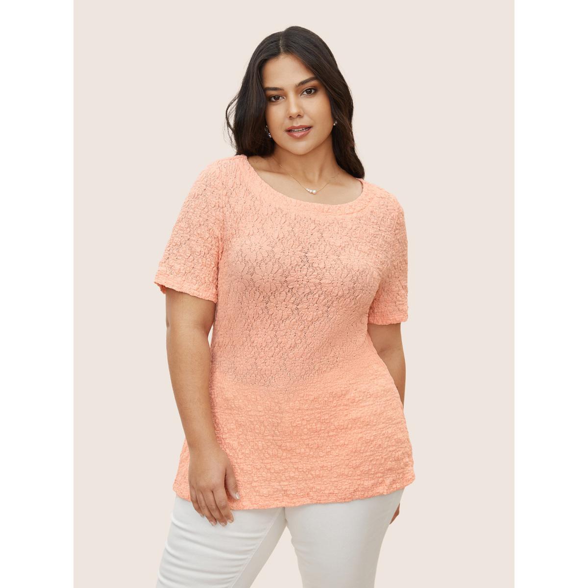 Plus Size Solid Texture Jacquard Crew Neck T-shirt Crepe Women Elegant Texture Round Neck Everyday T-shirts BloomChic 12/L Product Image