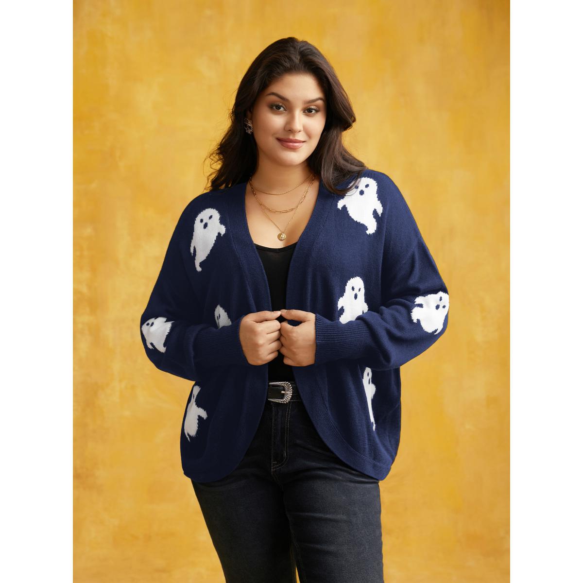 Plus Size Happy Ghost Jacquard Arc Cardigan Indigo Women Playful Loose Long Sleeve Casual Cardigans BloomChic 28/5X Product Image