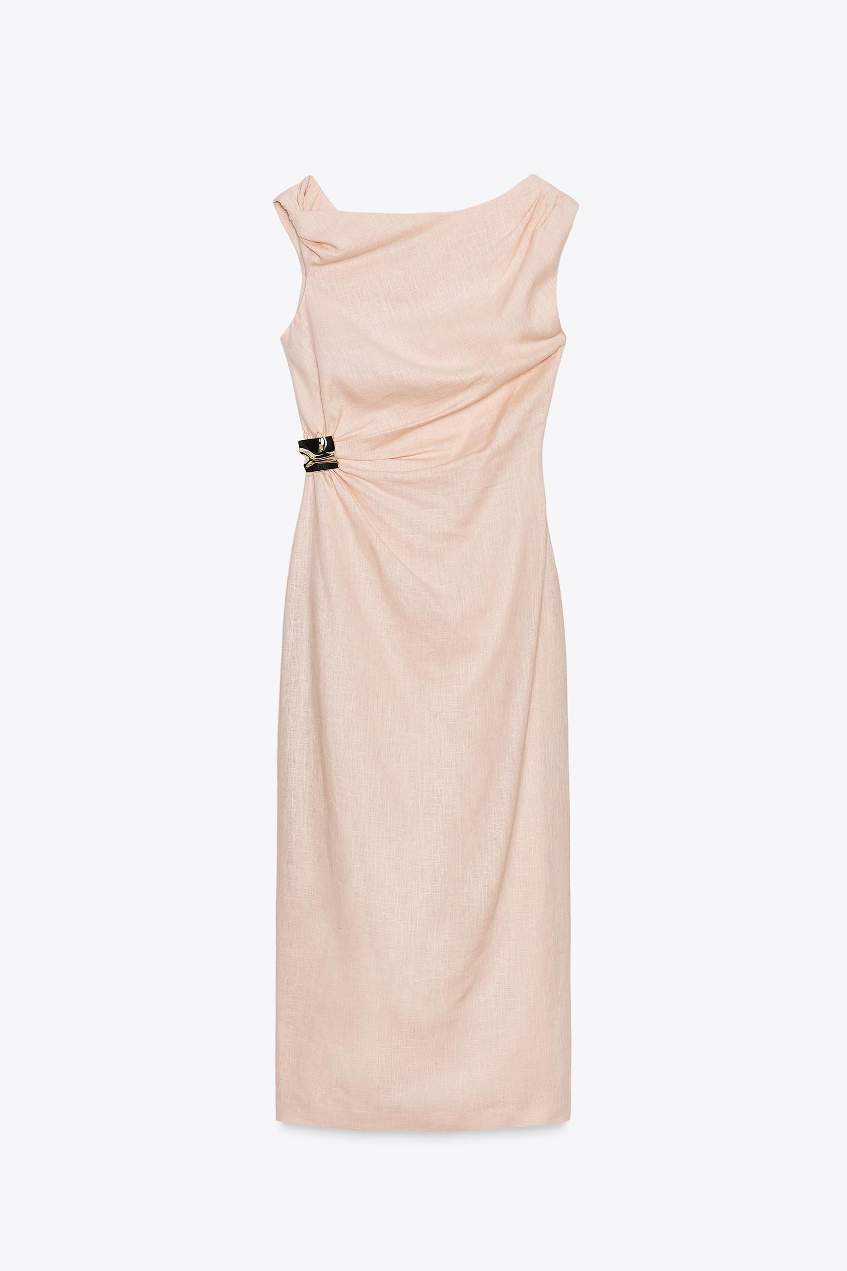 ASYMMETRIC LINEN-BLEND MIDI DRESS WITH APPLIQUÉ Product Image