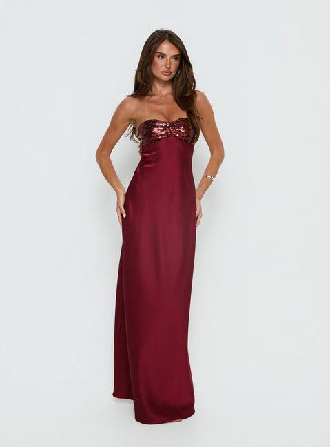See The Vision Sequin Bust Strapless Maxi Dress Burgundy Product Image