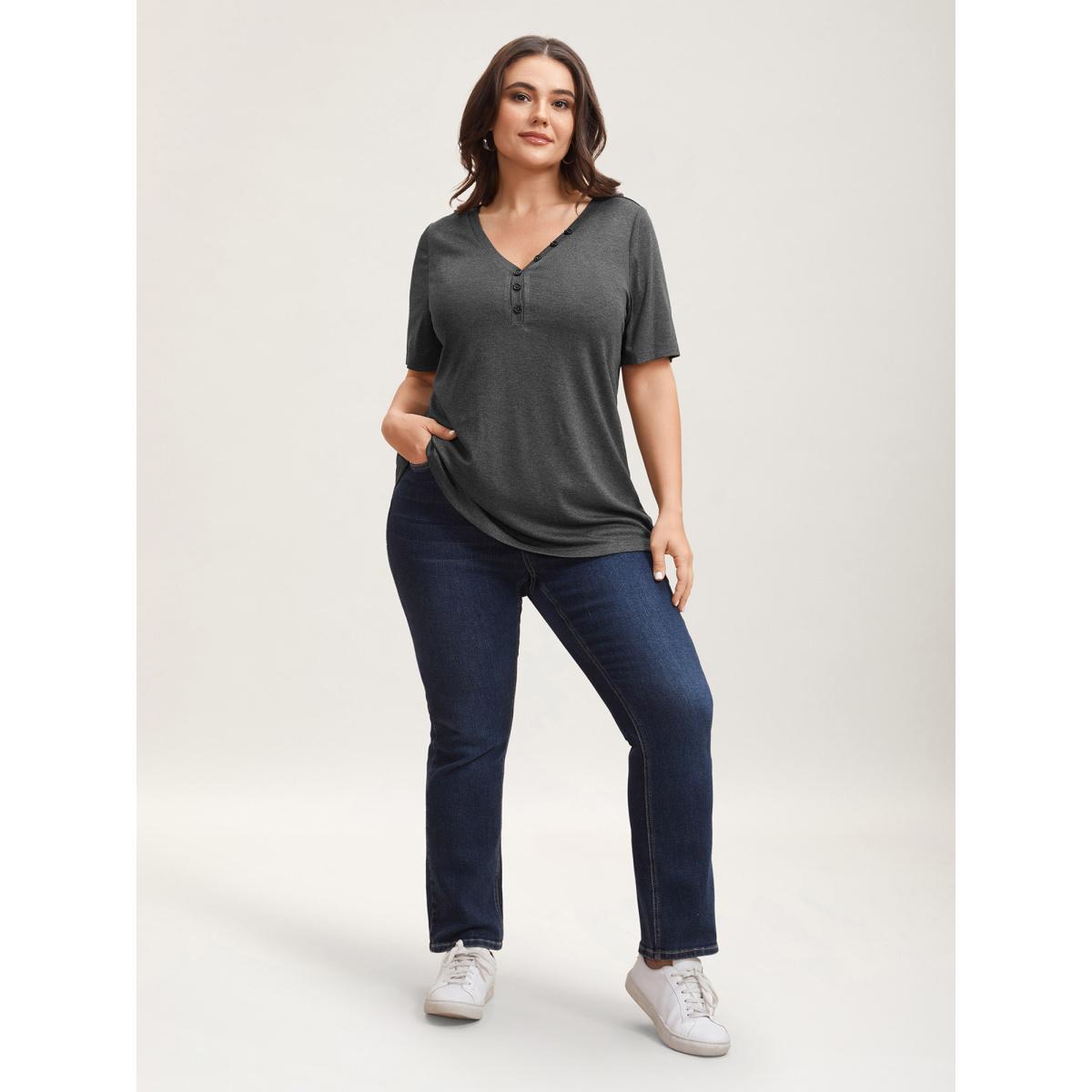 Plus Size Adjustable Neck Coverage Button Placket T-Shirt DimGray Women Leisure Button V-neck Casual T-shirts BloomChic 26/4X Product Image