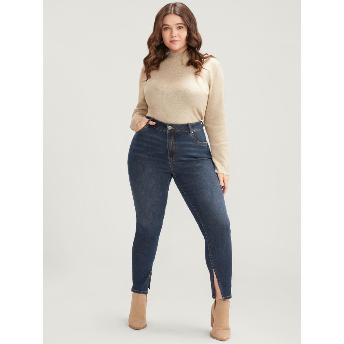 Plus Size Mom Jeans Skinny Moderately Stretchy High Rise Medium Wash Split Jeans Women Indigo Casual Plain Medium stretch Pocket Jeans BloomChic 30/6X Product Image