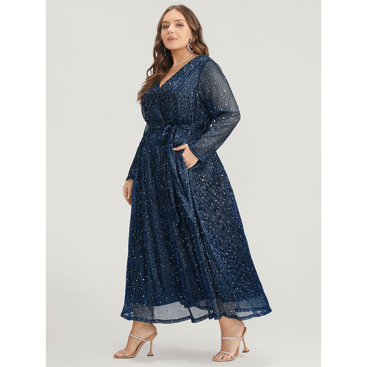 Plus Size Solid Pocket Wrap Belted Sequin Mesh Maxi Dress DarkBlue Women Cocktail Belted V-neck Long Sleeve Curvy Long Dress BloomChic 30/6X Product Image