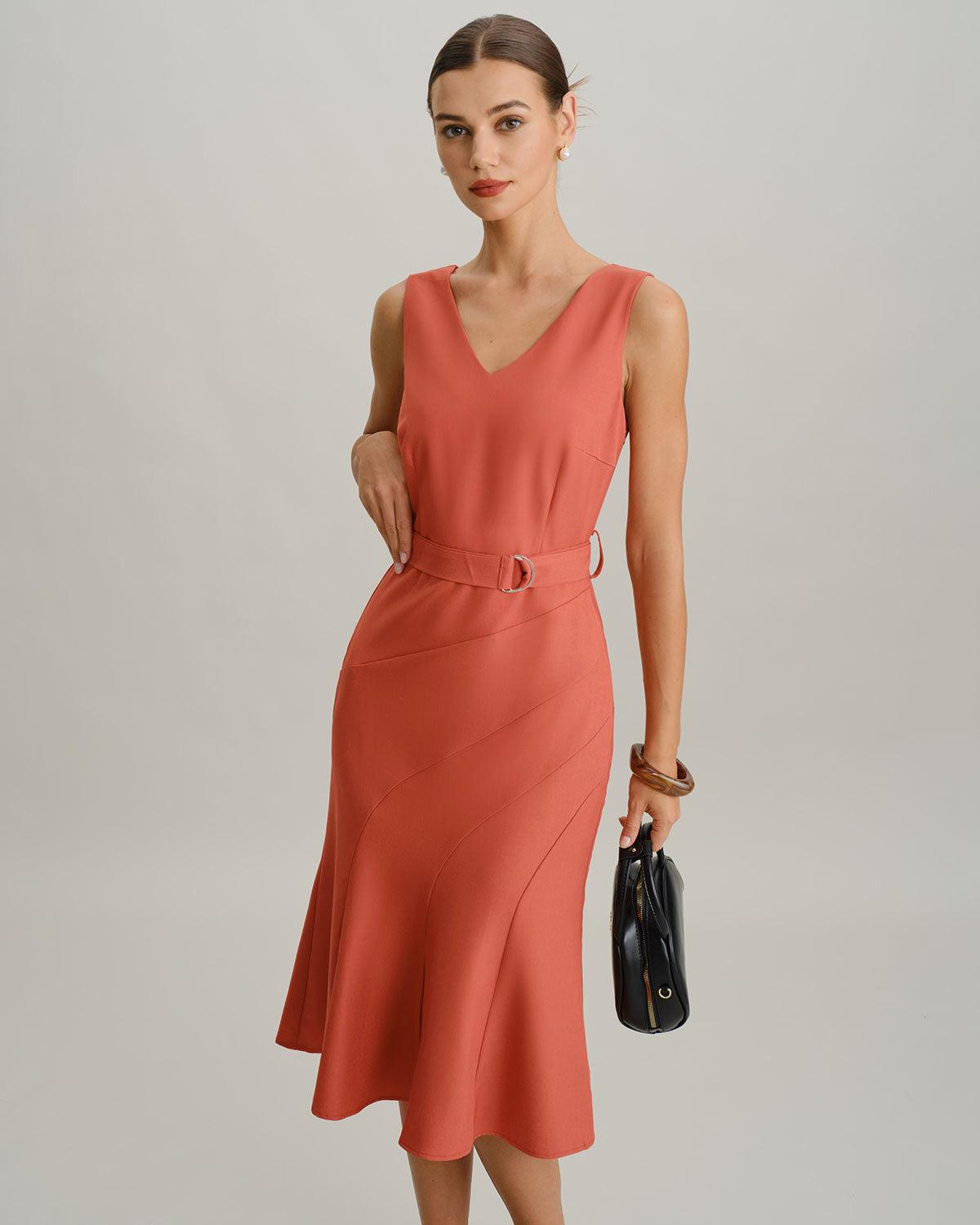 Red V Neck Mermaid Sleeveless Midi Dress Product Image