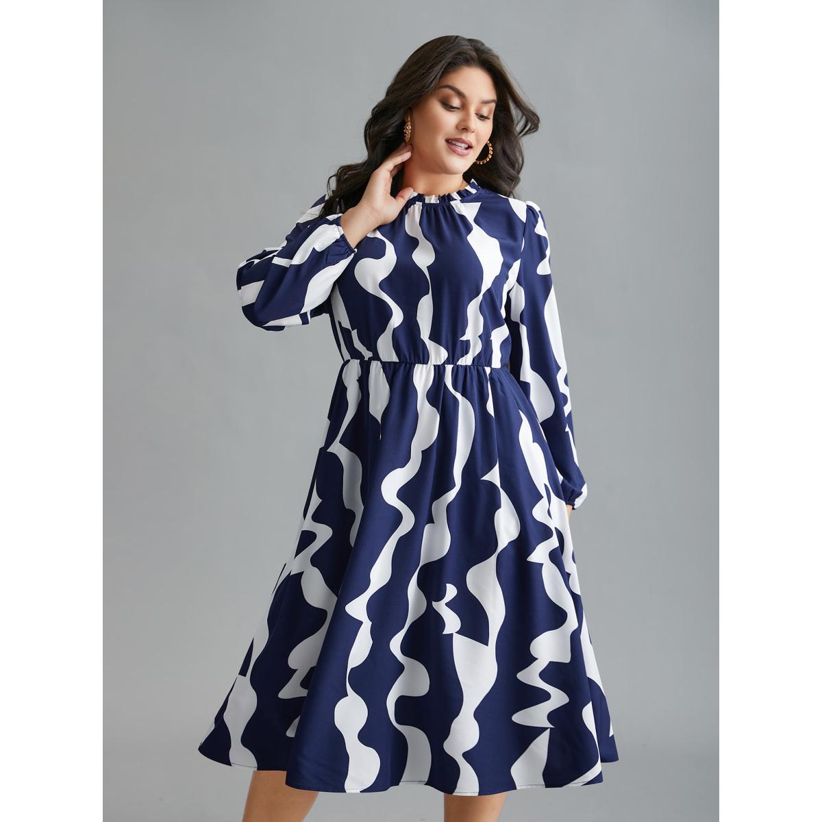 Plus Size Round Neck Color Contrast Frill Trim Dress Navy Women Elegant Frill Trim Round Neck Long Sleeve Curvy BloomChic 18-20/2X Product Image