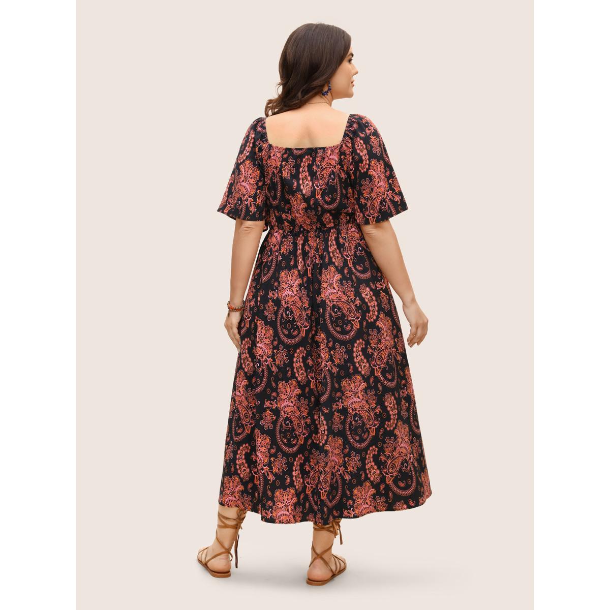 Plus Size Overlap Collar Boho Print Ruffle Sleeve Dress Black Women Resort Gathered Overlap Collar Short sleeve Curvy BloomChic 12/L Product Image