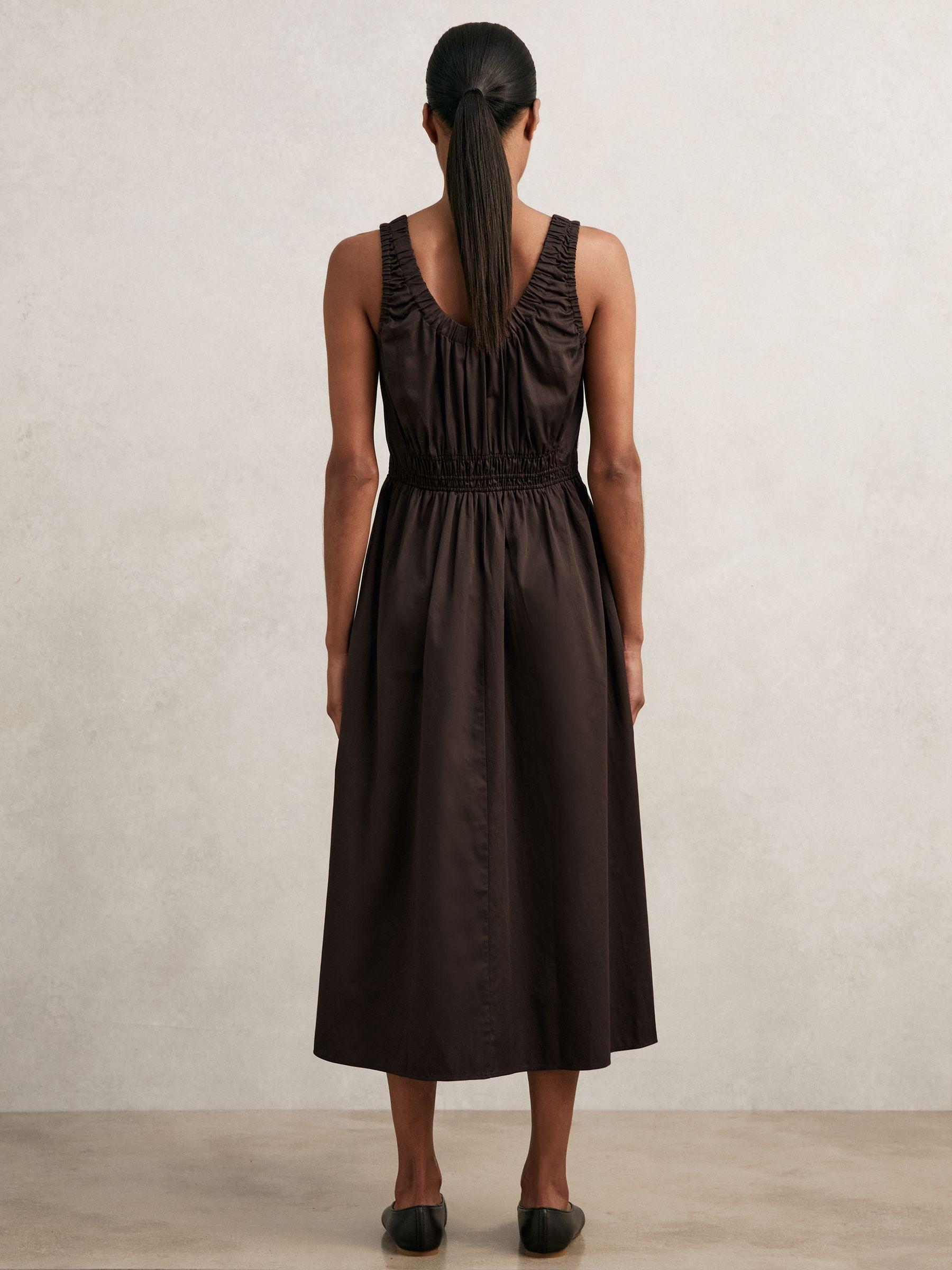Cotton Craft-Stitch Shirred Midi Dress in Brown Product Image