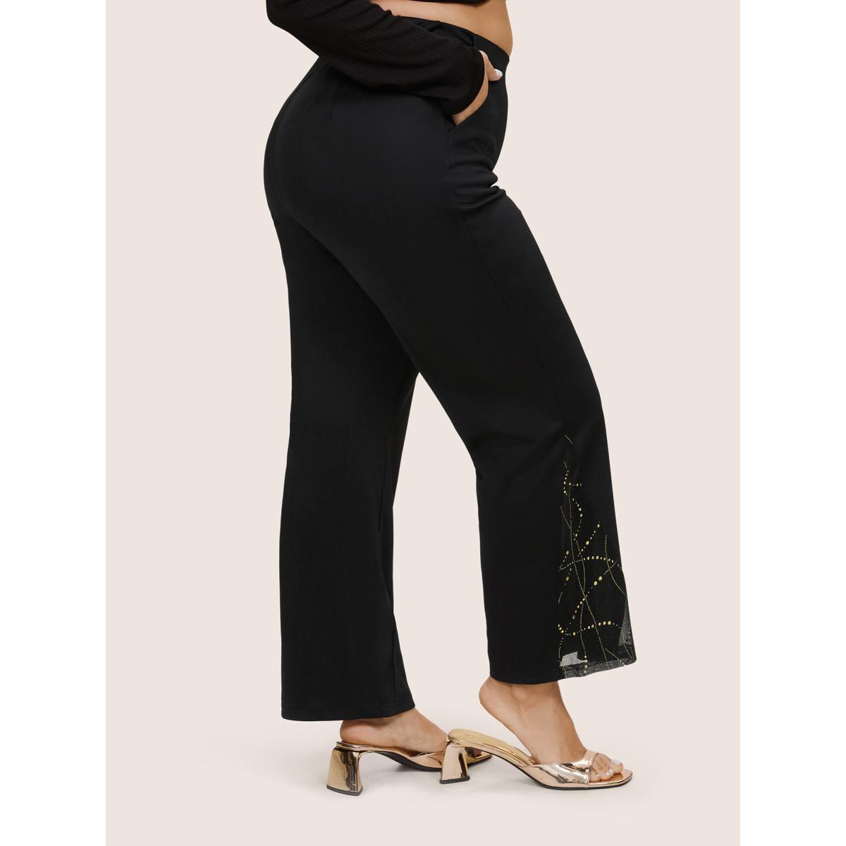 Plus Size Plain Rhinestone Patchwork Mesh Bootcut Pants Women Black Glamour Bootcut High Rise Party Pants BloomChic 30/6X Product Image